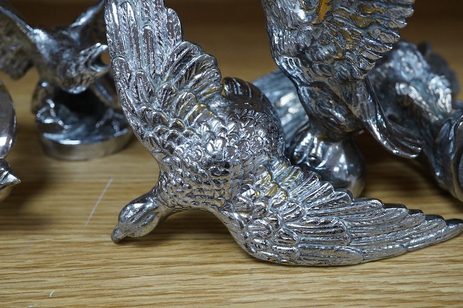 Five chrome plated bird themed car mascots, including a swallow, a partridge, and three eagles. Condition - fair.